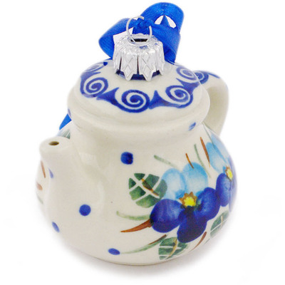 Polish Pottery Teapot Ornament 3&quot; Blue Pansy