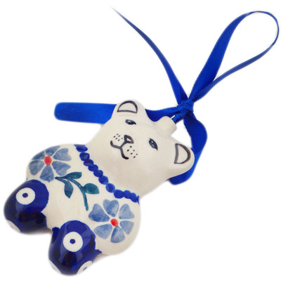 Polish Pottery Teddy Bear Ornament 3&quot; Peacock Forget-me-not