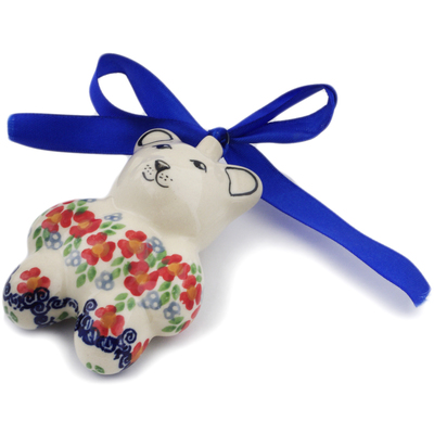 Polish Pottery Teddy Bear Ornament 3&quot; Red Chains UNIKAT