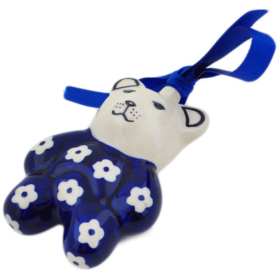 Polish Pottery Teddy Bear Ornament 3&quot; Simple Daisy