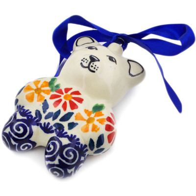 Polish Pottery Teddy Bear Ornament 3&quot; Wave Of Flowers