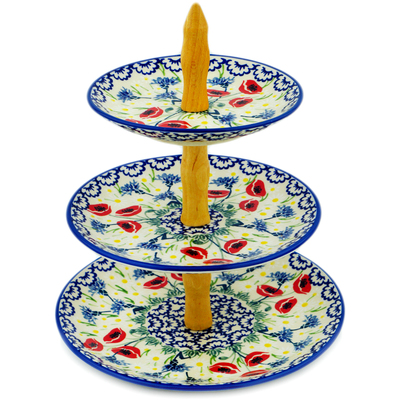 Polish Pottery Tiered Serving Stand 11&quot; Poppies And Cornflowers UNIKAT