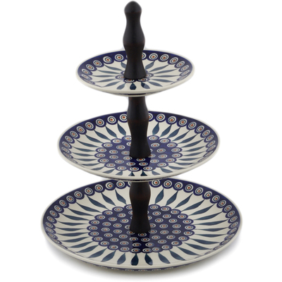 Polish Pottery Tiered Serving Stand 16&quot; Peacock