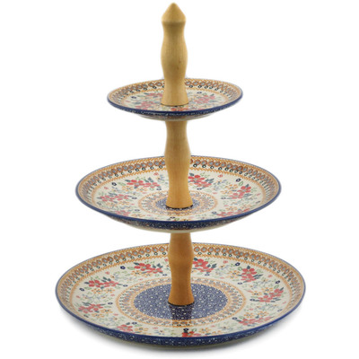 Polish Pottery Tiered Serving Stand 16&quot; Summer Bouquet UNIKAT