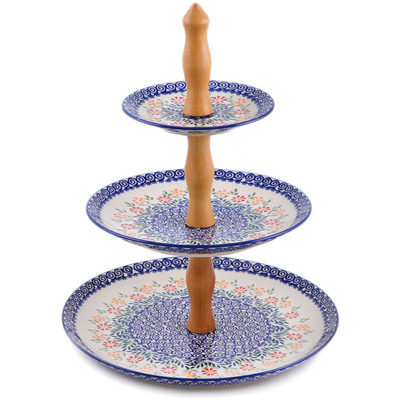Polish Pottery Tiered Serving Stand 16&quot; Wave Of Flowers
