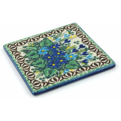 Polish Pottery Tile 4&quot; Blue Violet Garden UNIKAT