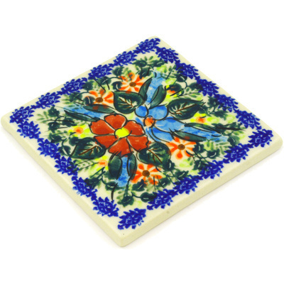 Polish Pottery Tile 4&quot; Bold Poppies UNIKAT