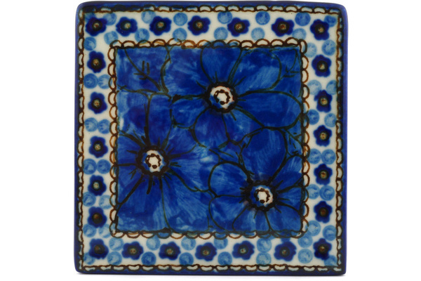 Polish Pottery Tile 4" Cobalt Poppies UNIKAT