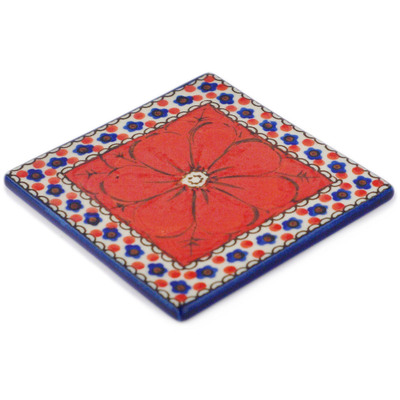 Polish Pottery Tile 4&quot; Crimson Poppies UNIKAT