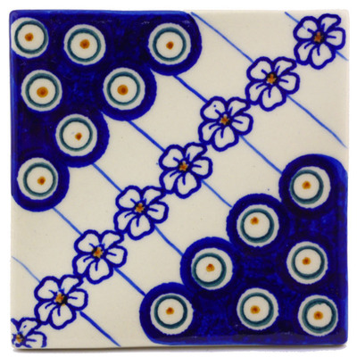 Polish Pottery Tile 4&quot; Flowering Peacock