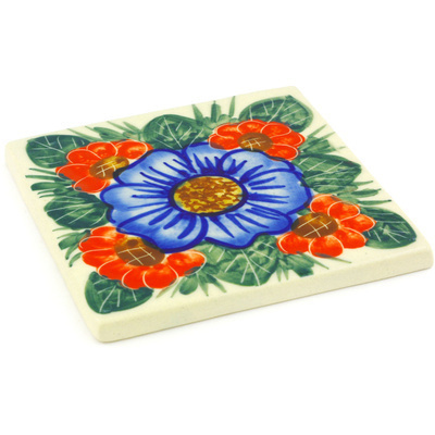 Polish Pottery Tile 4&quot; Flowers In Bloom UNIKAT