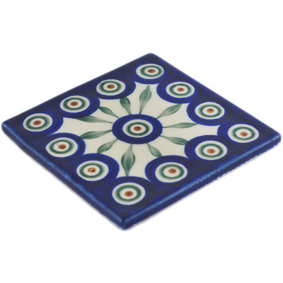 Polish Pottery Tile 4" Peacock Leaves
