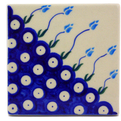 Polish Pottery Tile 4&quot; Peacock Tulip Garden