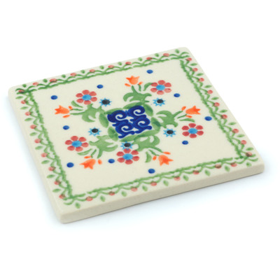 Polish Pottery Tile 4&quot; Spring Flowers