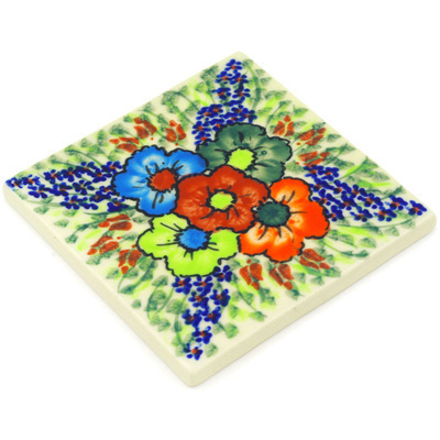 Polish Pottery Tile 4&quot; Spring Garden UNIKAT