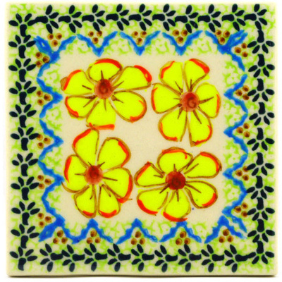 Polish Pottery Tile 4&quot; Yellow Sunshine