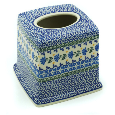 Polish Pottery Tissue Box Cover 6&quot; Blue Fan Flowers