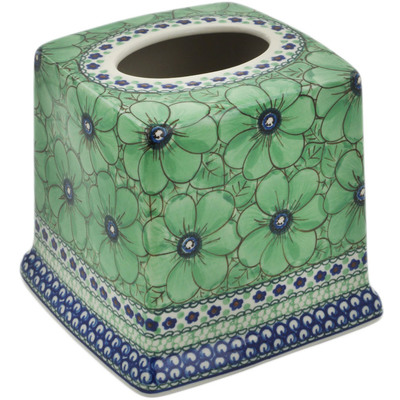 Polish Pottery Tissue Box Cover 6&quot; Green Pansies UNIKAT