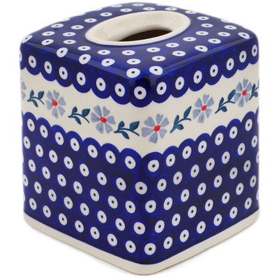 Polish Pottery Tissue Box Cover 6&quot; Peacock Forget-me-not