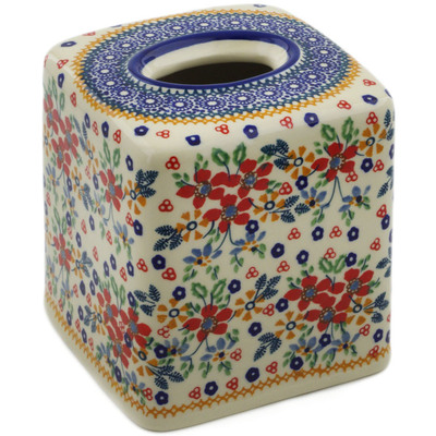 Polish Pottery Tissue Box Cover 6&quot; Ruby Bouquet UNIKAT
