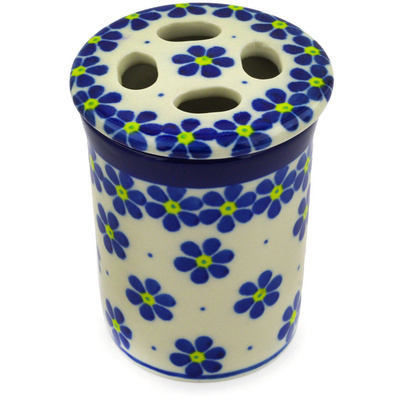 Polish Pottery Toothbrush Holder 4&quot; Blue Daisies