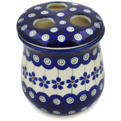 Polish Pottery Toothbrush Holder 4&quot; Flowering Peacock