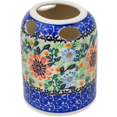 Polish Pottery Toothbrush Holder 4&quot; Peach Daisies UNIKAT