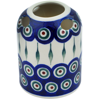 Polish Pottery Toothbrush Holder 4&quot; Peacock Leaves