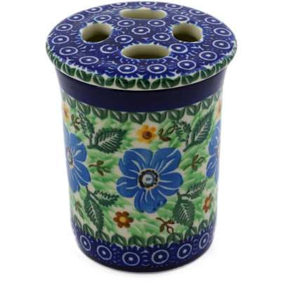 Polish Pottery Toothbrush Holder 4&quot; Poppy Peacock Eyes UNIKAT