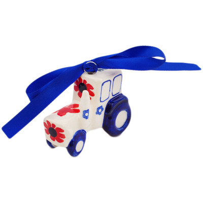 Polish Pottery Tractor Ornament 3&quot; Red Blossom