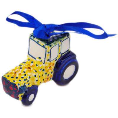 Polish Pottery Tractor Ornament 3&quot; Sunshine Grotto UNIKAT