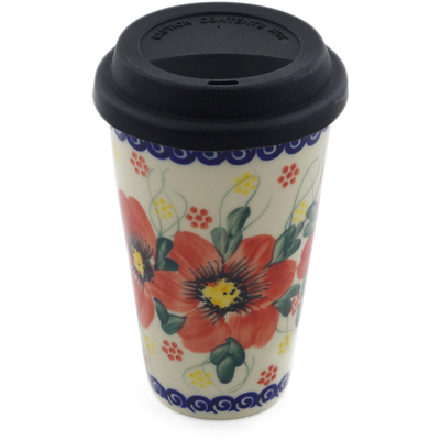 Polish Pottery Travel Coffee Mug Blooming Flower UNIKAT