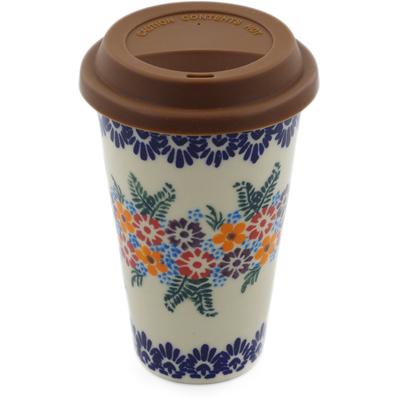 Polish Pottery Travel Coffee Mug Confetti Flowers UNIKAT