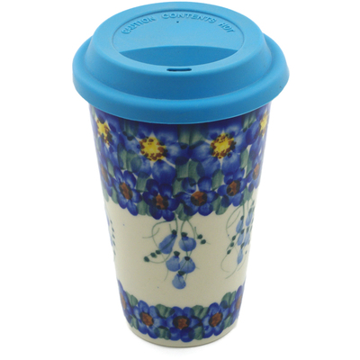 Polish Pottery Travel Coffee Mug Field Of Blue UNIKAT