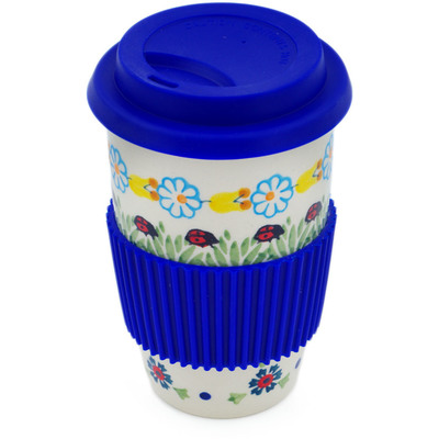 Polish Pottery Travel Coffee Mug Flowers And Ladybugs