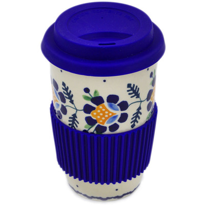 Polish Pottery Travel Coffee Mug Orange And Blue Flower