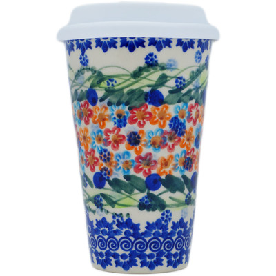 Polish Pottery Travel Coffee Mug Starburst Garland UNIKAT