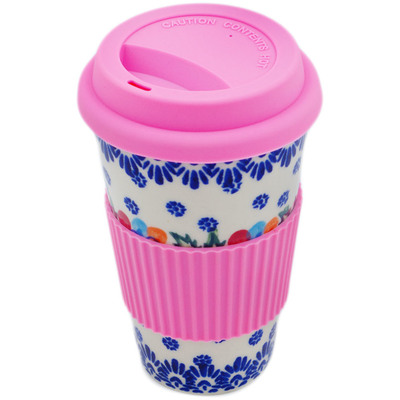 Polish Pottery Travel Coffee Mug with Muliticolor Sleeve Lightbug Garden UNIKAT