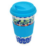 Polish Pottery Travel Coffee Mug with Muliticolor Sleeve Starburst Garland UNIKAT