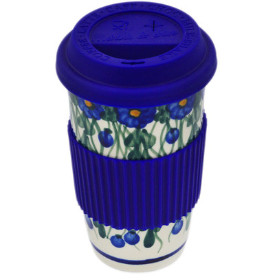 Polish Pottery Travel Mug 6&quot; Blueberry Drops UNIKAT