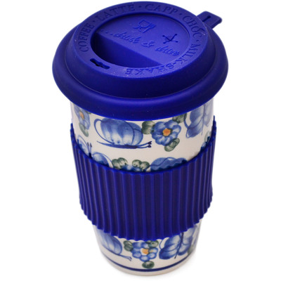 Polish Pottery Travel Mug 6&quot; Fluttering Blues UNIKAT