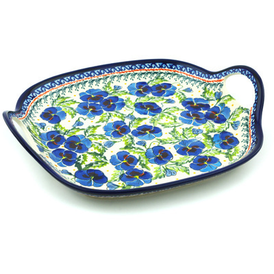 Polish Pottery Tray with Handles 10&quot; Blooming Blue Pansies UNIKAT