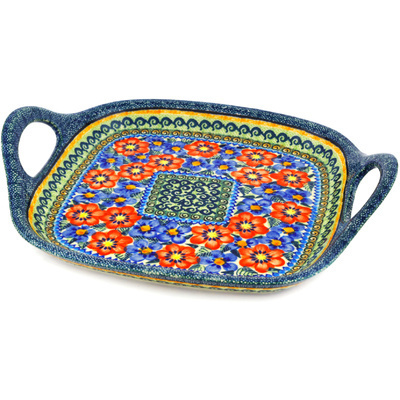 Polish Pottery Tray with Handles 10&quot; Blue And Red Poppies UNIKAT