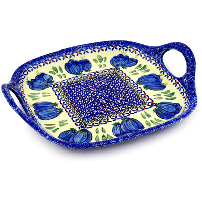 Polish Pottery Tray with Handles 10&quot; Blue Bulbs