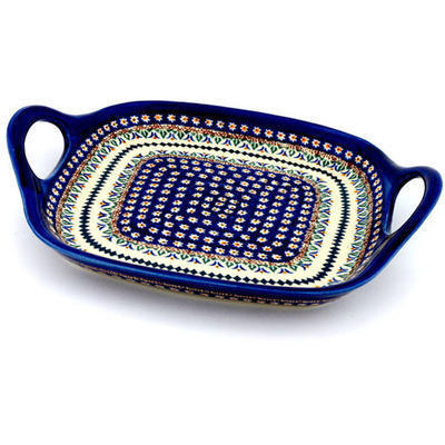 Polish Pottery Tray with Handles 10&quot; Floral Peacock UNIKAT