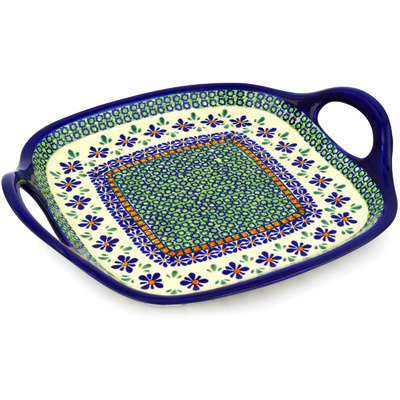 Polish Pottery Tray with Handles 10&quot; Gingham Flowers