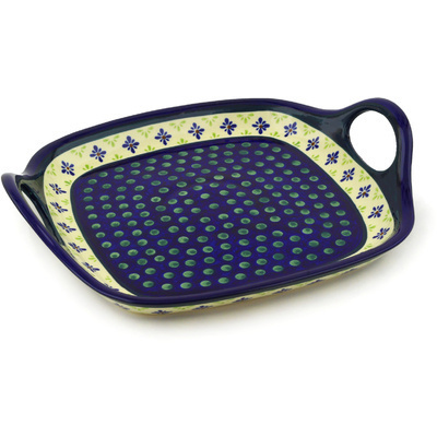 Polish Pottery Tray with Handles 10&quot; Green Gingham Peacock