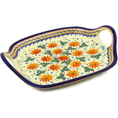 Polish Pottery Tray with Handles 10&quot; Mexican Flame UNIKAT