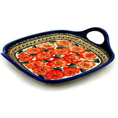 Polish Pottery Tray with Handles 10&quot; Peach Poppies UNIKAT