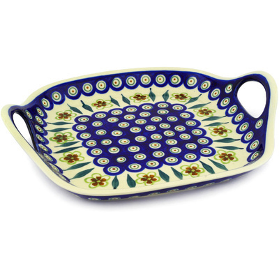 Polish Pottery Tray with Handles 10&quot; Peacock Garden